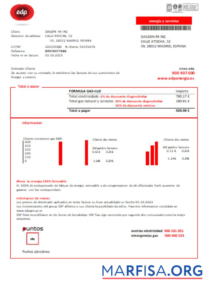Printable EDP Spain Energia utility business bill, SCR real example